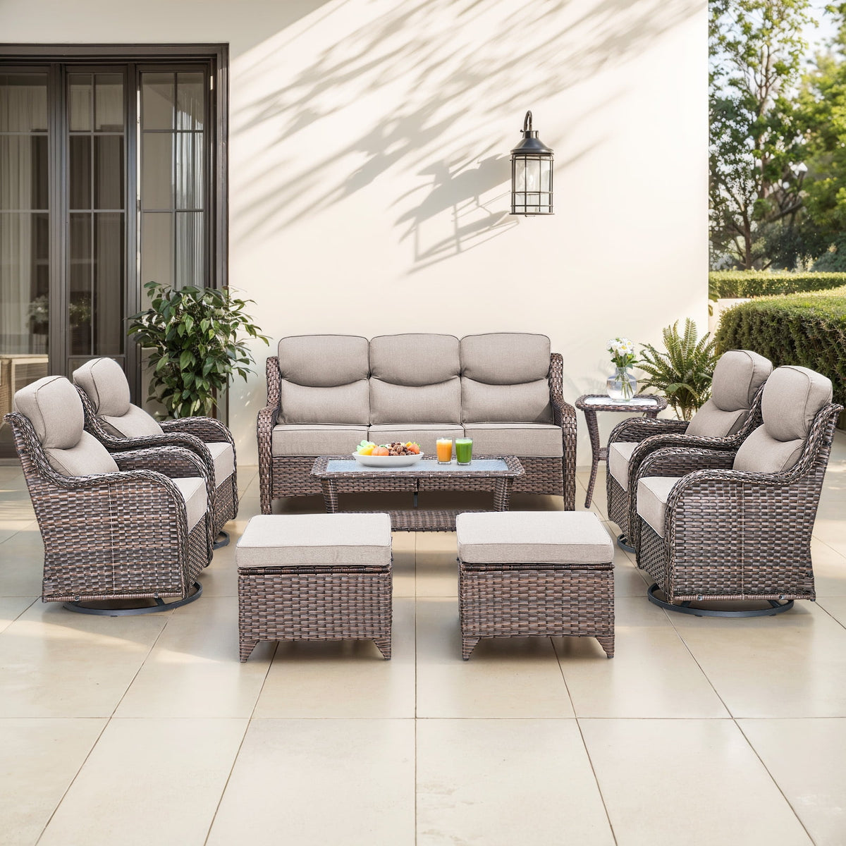 Bellefurn Luxury 6 Pieces Outdoor Patio Furniture Set with Swivel Rocker Chairs 6-inch Extra Thick Cushions,Sofa Coffee Table,Wicker Conversation Sets for Porch Deck Backyard Poolside