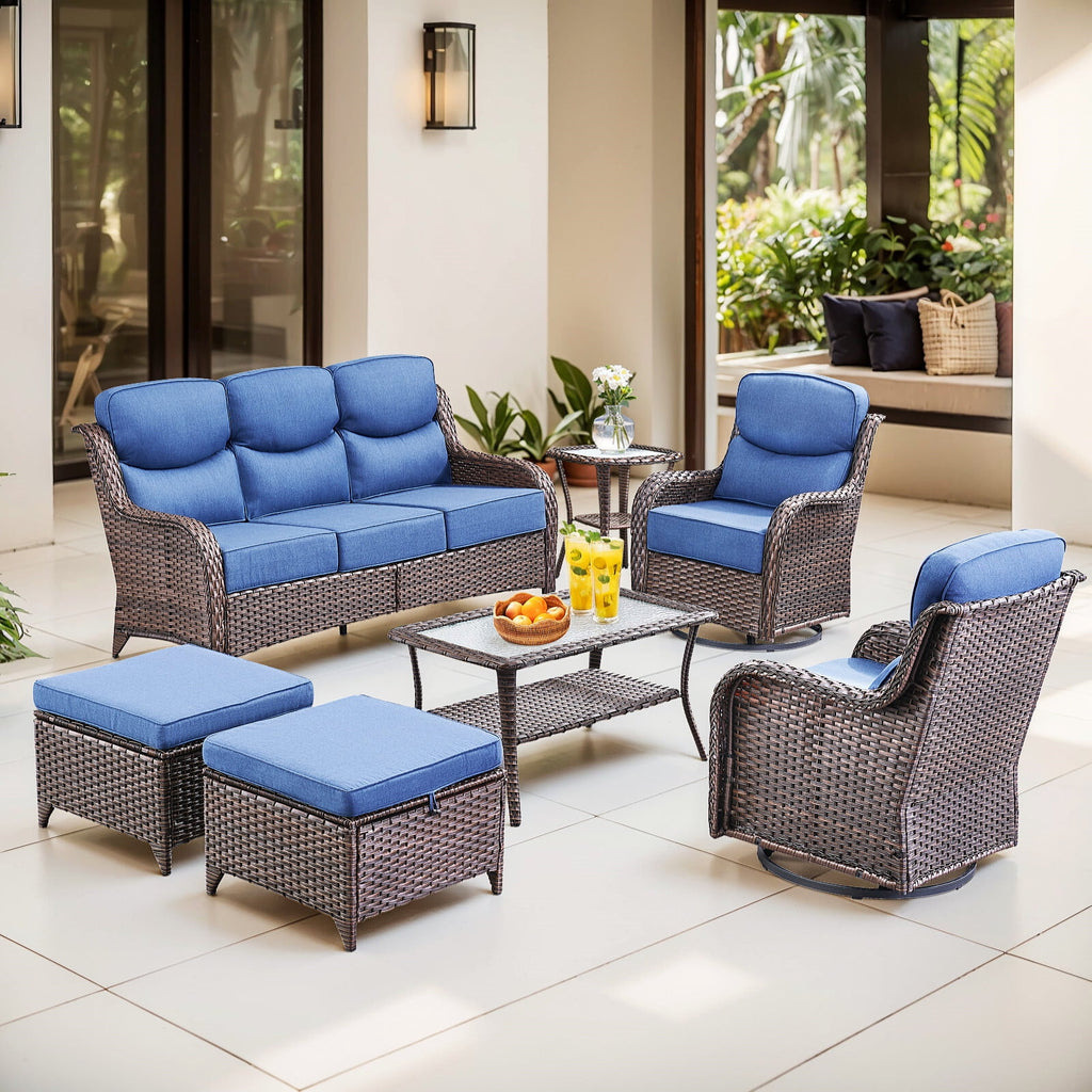Bellefurn Luxury Outdoor Patio Furniture Sets Outdoor Conversation Sets with Swivel Rocker Patio Chairs with 6" Thick Cushion,Sofa and Glass Coffee Table for Porch Deck Backyard Poolside
