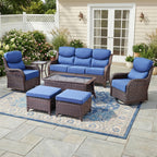 Bellefurn 5 Pieces Outdoor Patio Furniture Set with Swivel Rocker Chairs and 6" Thick Cushions,Wicker Conversation Set with Sectional Sofa and Ottomans for Porch Deck Backyard Poolside