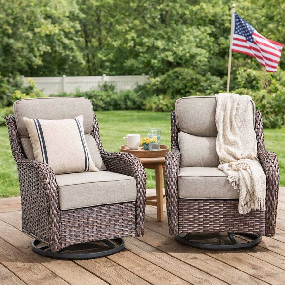 Bellefurn Outdoor Swivel Rocker Patio Chairs with 6" Thick Cushions,Patio Swivel Chairs Set of 2 Wicker Patio Chairs Patio Furniture Set for Porch Balcony Garden Deck Yard