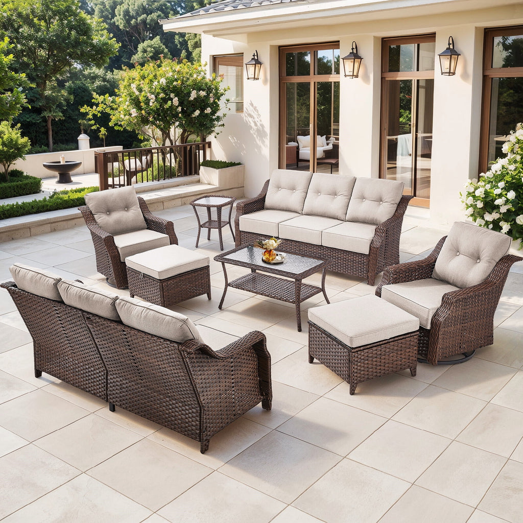 Luxury High Back Outdoor Furniture Set with 6 inch Thick Cushion,Patio Furniture Set with Swivel Rocker Chair,Sofa and Coffee Table,5 PCS Wicker Conversation Set for Yard,Deck,Poolside