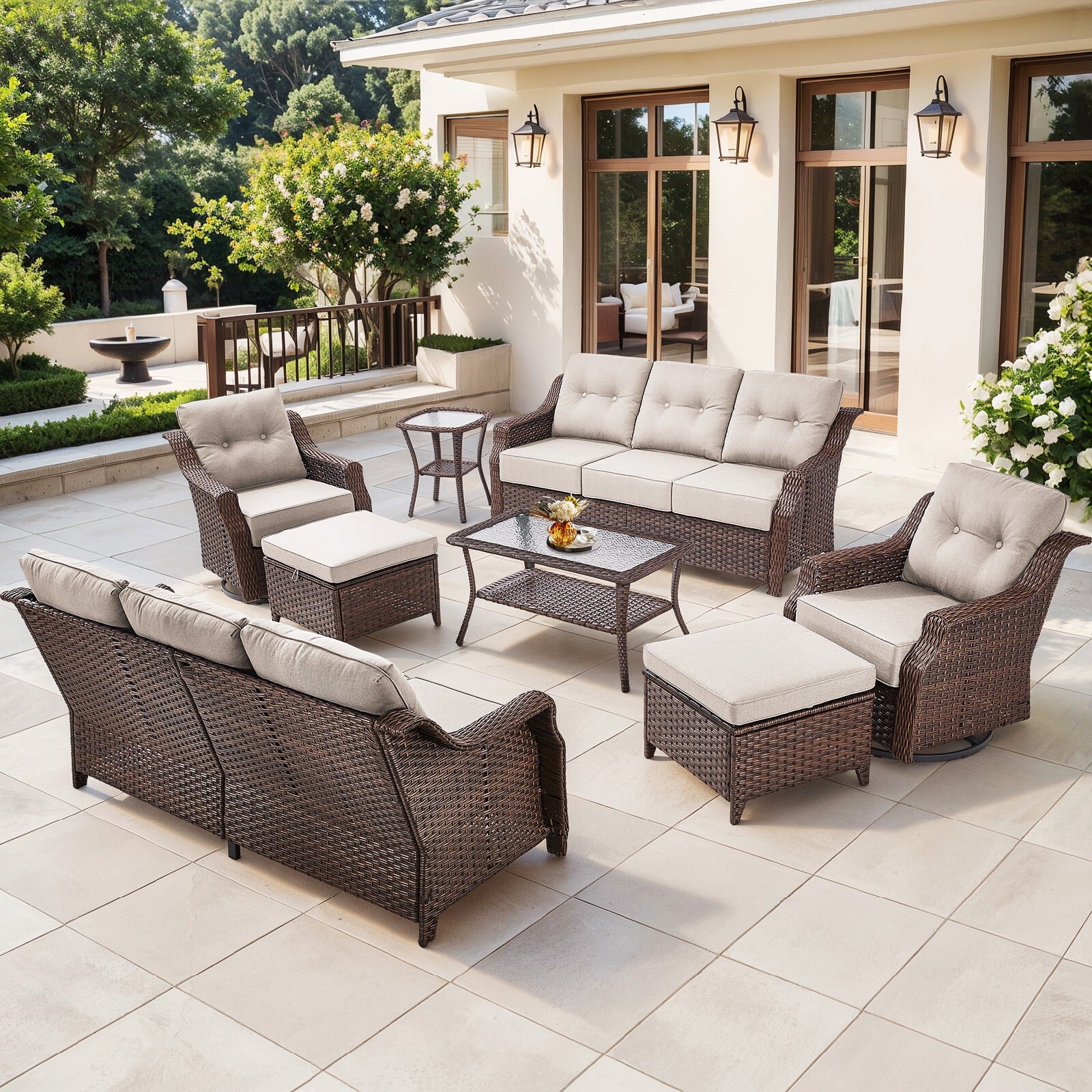 Luxury High Back Outdoor Furniture Set with 6 inch Thick Cushion,Patio Furniture Set with Swivel Rocker Chair,Sofa and Coffee Table,5 PCS Wicker Conversation Set for Yard,Deck,Poolside