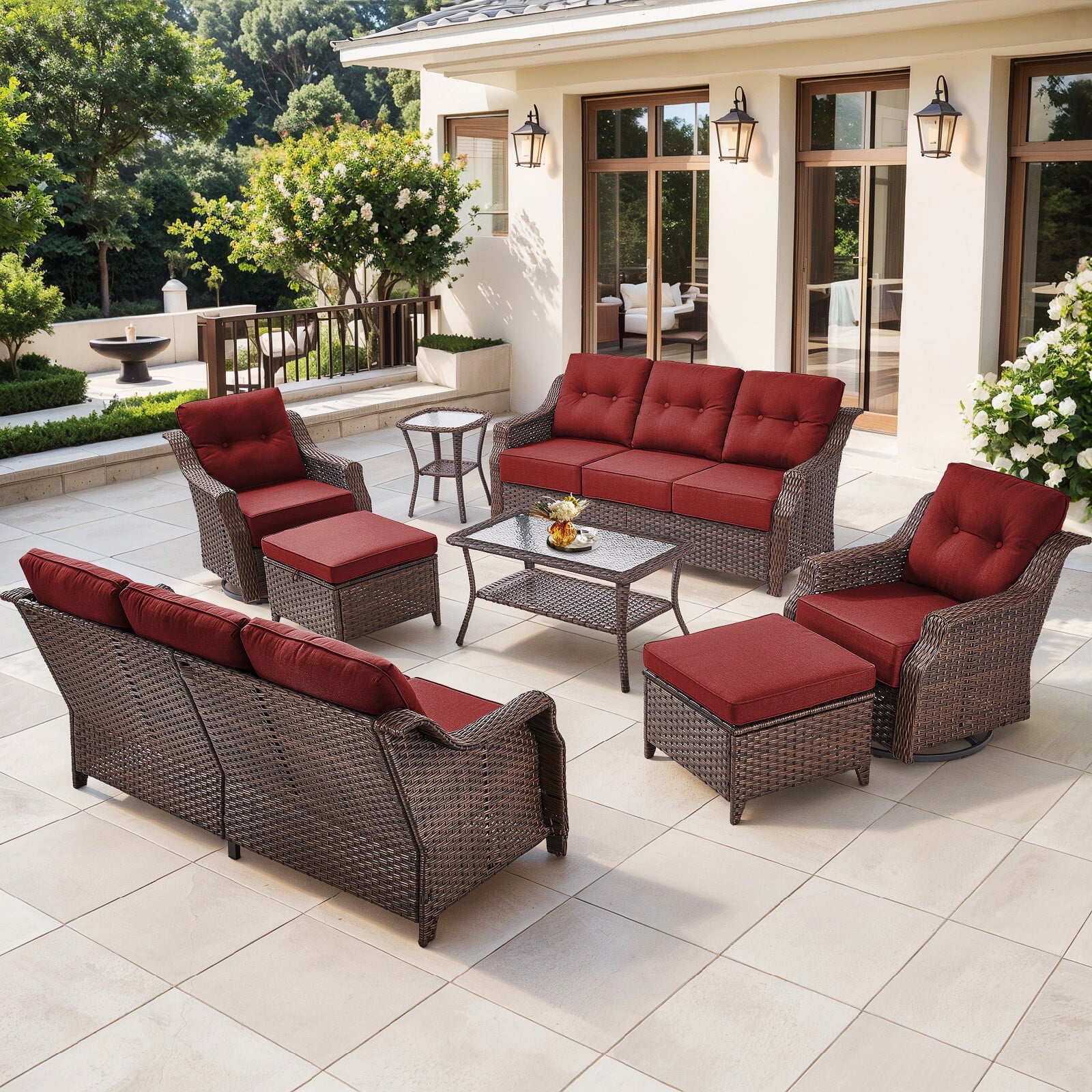 Luxury High Back Outdoor Furniture Set with 6 inch Thick Cushion,Patio Furniture Set with Swivel Rocker Chair,Sofa and Coffee Table,5 PCS Wicker Conversation Set for Yard,Deck,Poolside