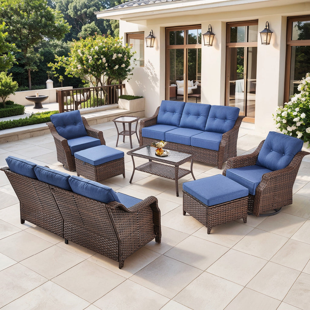 Luxury High Back Outdoor Furniture Set with 6 inch Thick Cushion,Patio Furniture Set with Swivel Rocker Chair,Sofa and Coffee Table,5 PCS Wicker Conversation Set for Yard,Deck,Poolside