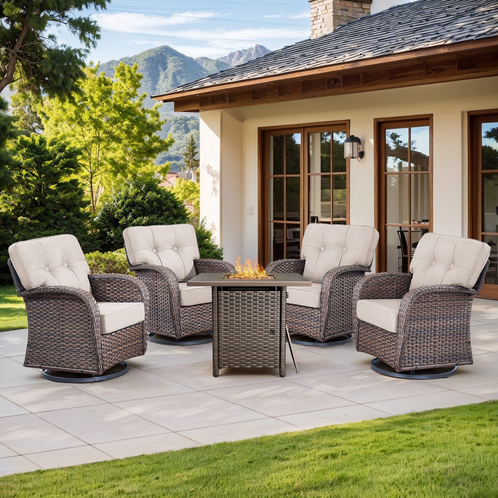 Luxury 6 Piece Outdoor Patio Wicker Furniture Sets with Swivel Rocker Patio Chairs,Sofa and Ottomans,High Back Outdoor Conversation Set for Porch Balcony Deck