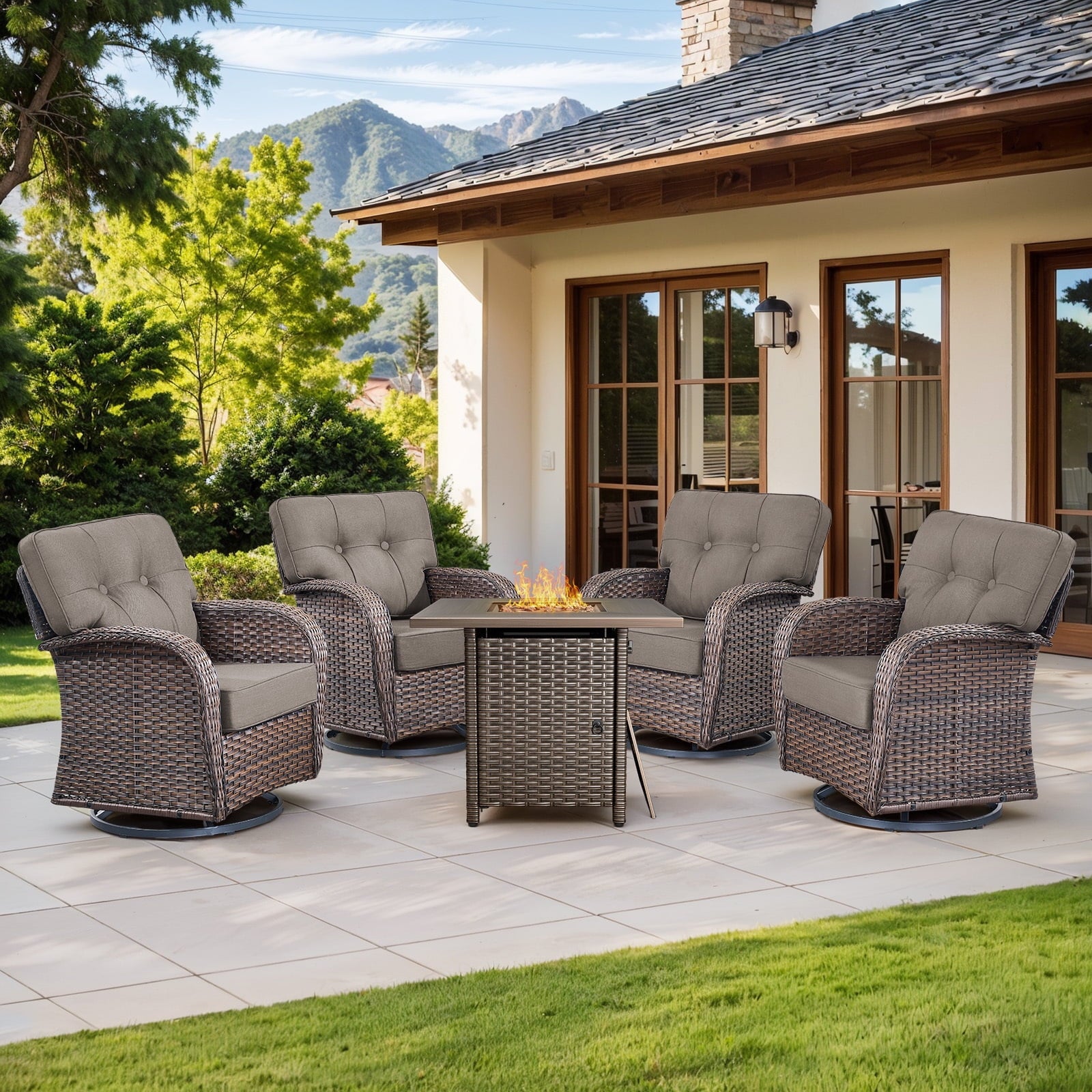 Luxury 6 Piece Outdoor Patio Wicker Furniture Sets with Swivel Rocker Patio Chairs,Sofa and Ottomans,High Back Outdoor Conversation Set for Porch Balcony Deck