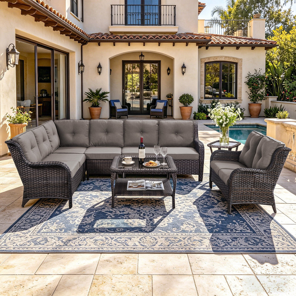 Bellefurn Outdoor Patio Furniture Set,Wicker Sectional Sofa Set with Coffee Table, L-Shaped All Weather Rattan Conversation Set for Backyard,Porch,Deck and Garden