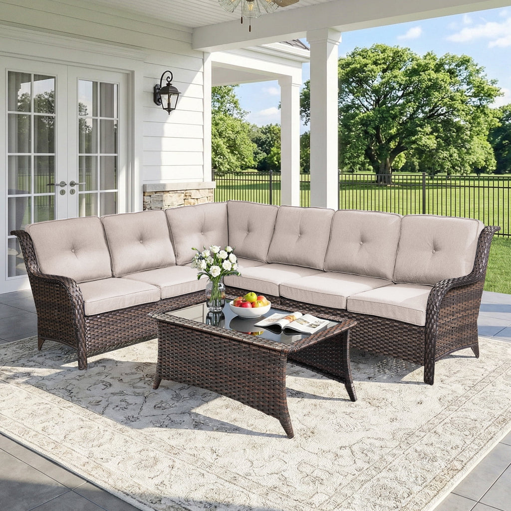 Bellefurn Outdoor Patio Furniture Set,Wicker Sectional Sofa Set with Coffee Table, L-Shaped All Weather Rattan Conversation Set for Backyard,Porch,Deck and Garden