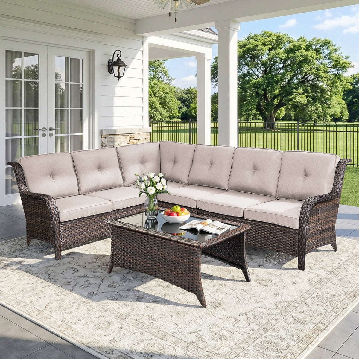 Bellefurn Outdoor Patio Furniture Set,Wicker Sectional Sofa Set with Coffee Table, L-Shaped All Weather Rattan Conversation Set for Backyard,Porch,Deck and Garden