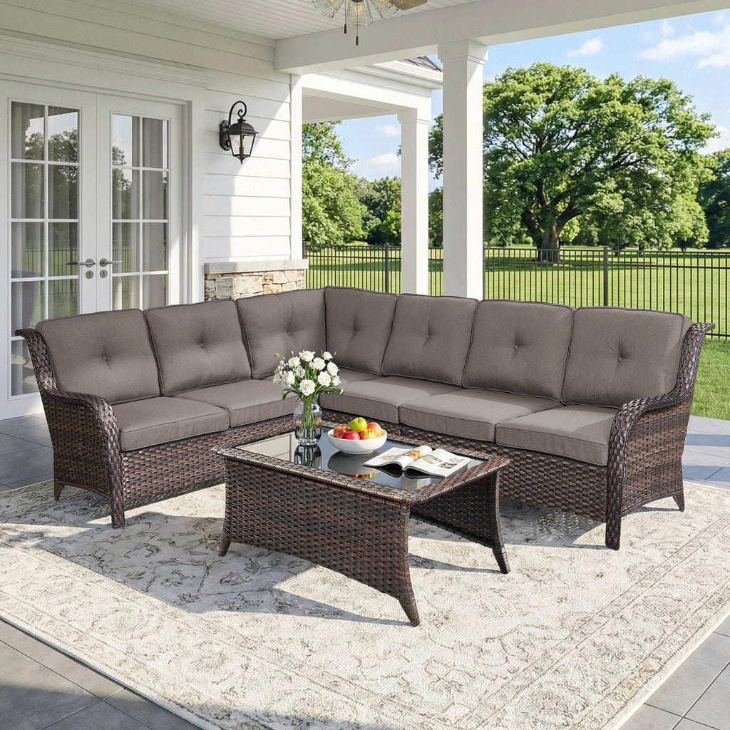 Bellefurn Outdoor Patio Furniture Set,Wicker Sectional Sofa Set with Coffee Table, L-Shaped All Weather Rattan Conversation Set for Backyard,Porch,Deck and Garden