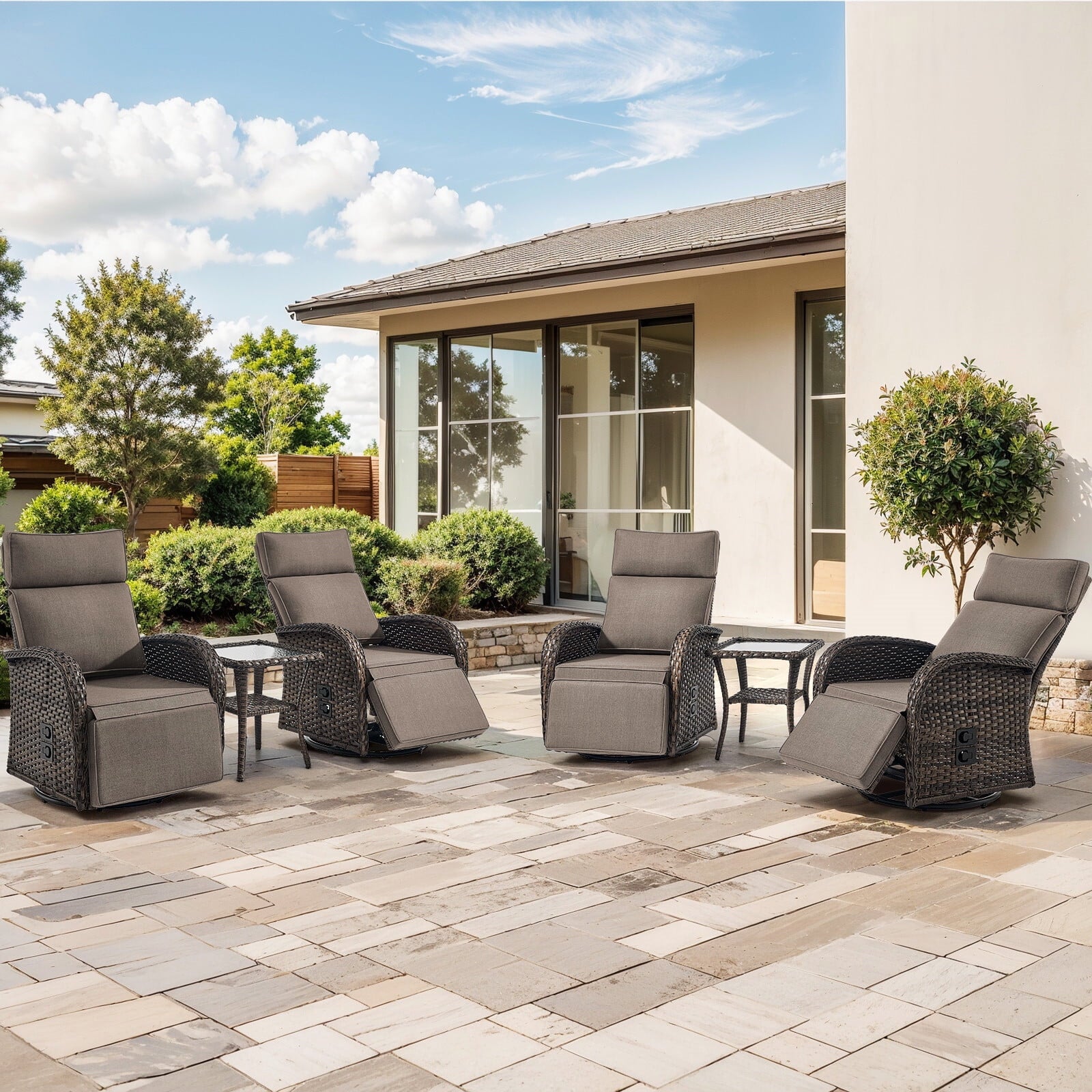 Bellefurn Outdoor Swivel Recliner Chairs Set of 2,Patio Wicker Recliner Chairs Outdoor Lounge Chairs with Thickness Cushions,Adjustable Angle,Reclining Lounge Chair for Outdoor,Pool,Garden