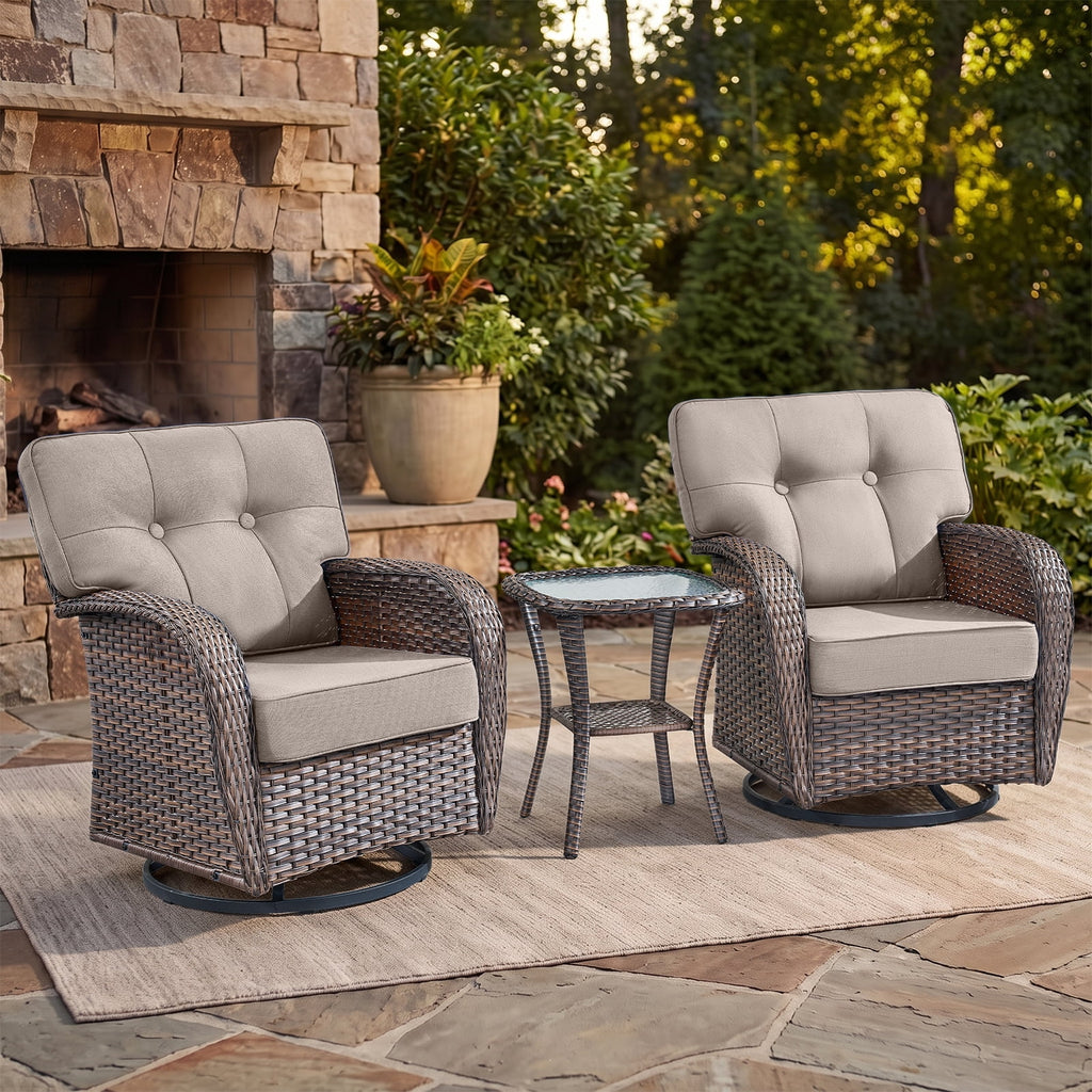 Bellefurn Outdoor Swivel Rocker Patio Chairs with 5" Thick Cushions,High Back Wicker Outdoor Swivel Chairs with Table,Patio Swivel Glider Chairs for Porch,Balcony,Garden,Deck & Backyard