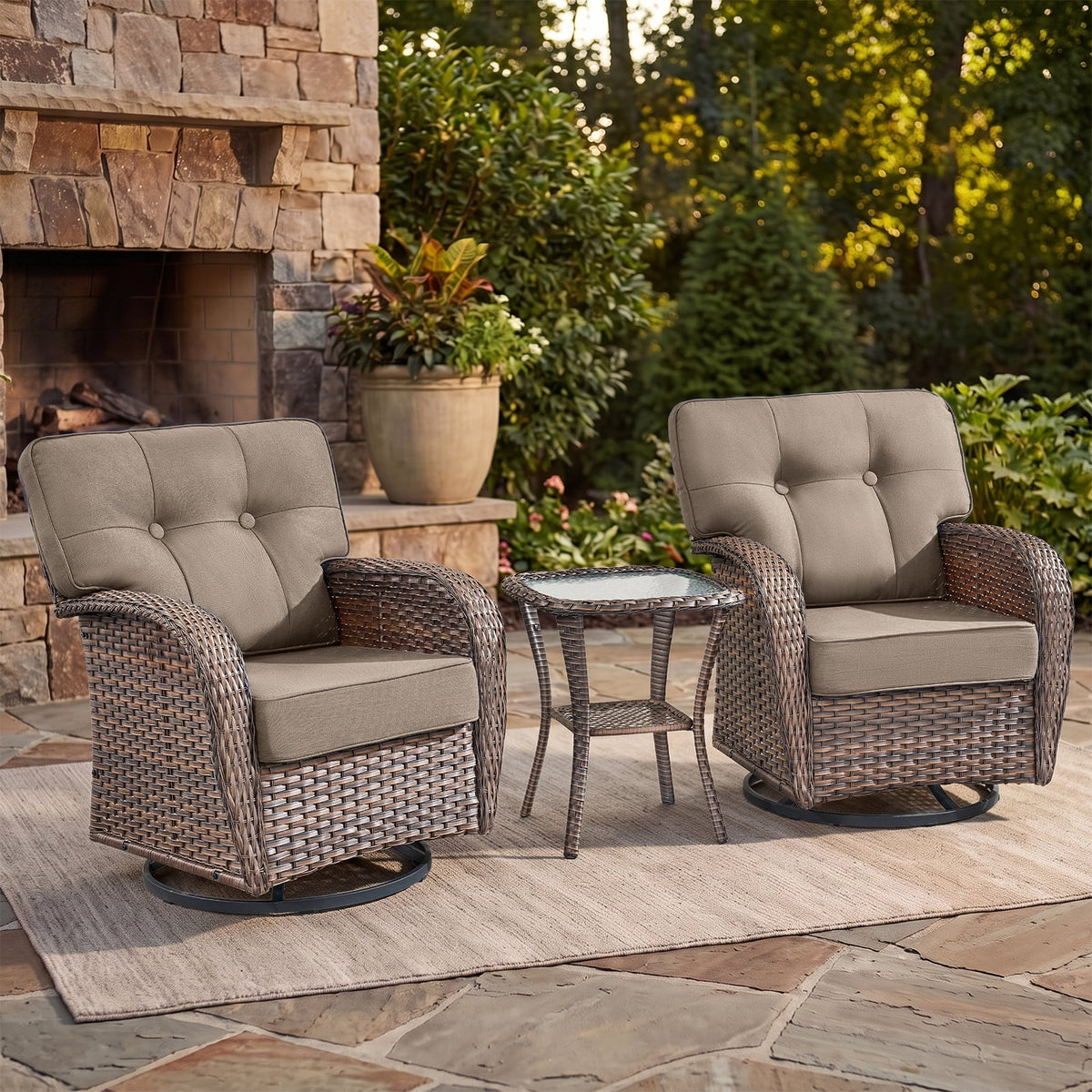 Bellefurn Outdoor Swivel Rocker Patio Chairs with 5" Thick Cushions,High Back Wicker Outdoor Swivel Chairs with Table,Patio Swivel Glider Chairs for Porch,Balcony,Garden,Deck & Backyard