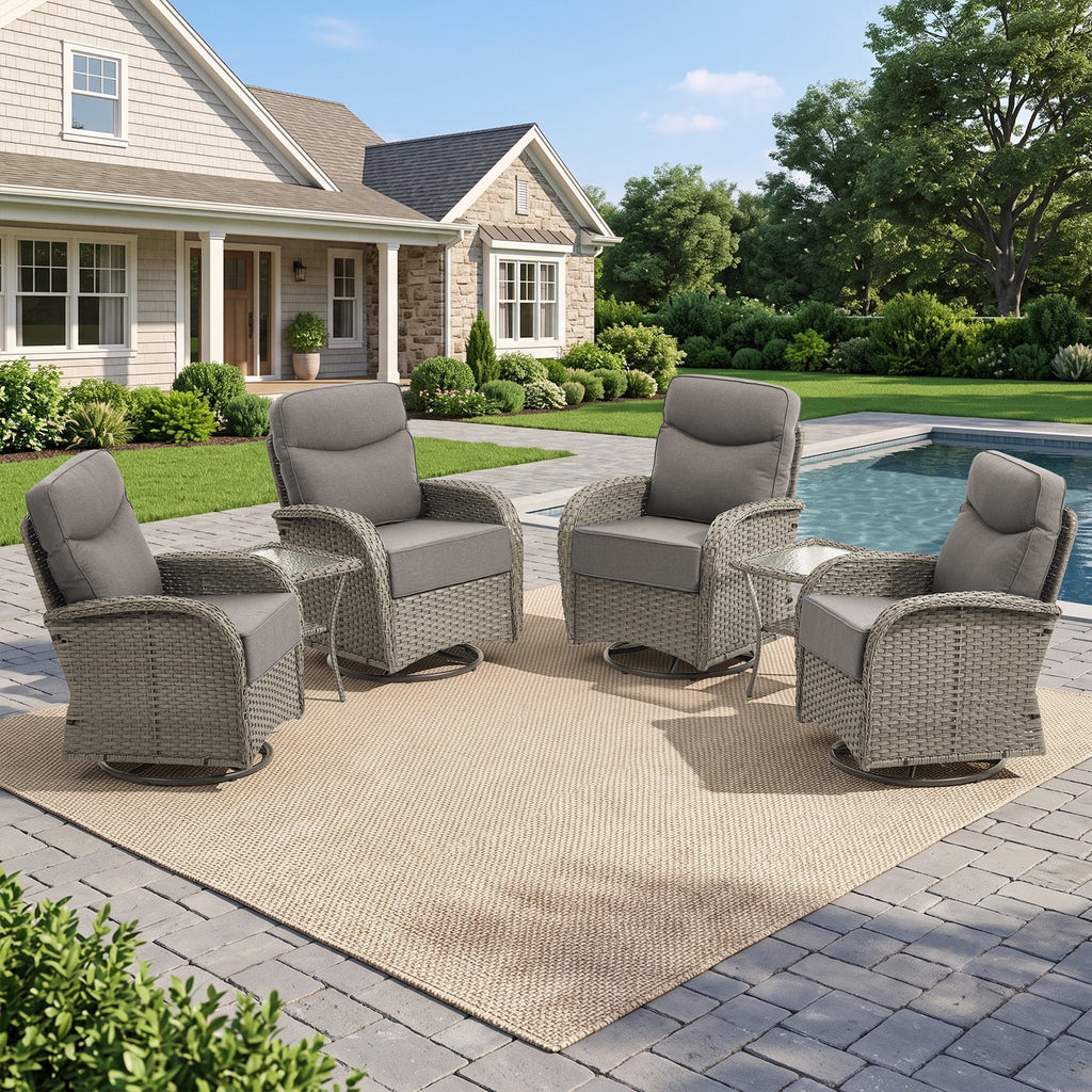 Bellefurn Patio Swivel Rocker Chairs Set of 2 with Ottomans,Outdoor Swivel Chairs with 6" Thick Cushions, All-Weather Conversation Set for Porch, Backyard, Deck & Garden