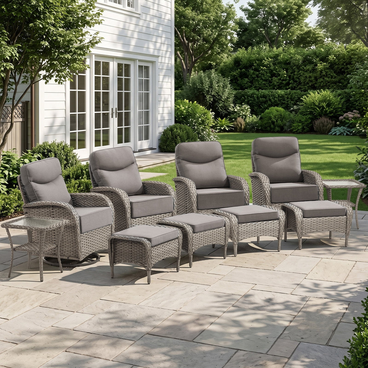 Bellefurn Patio Swivel Rocker Chairs Set of 2 with Ottomans,Outdoor Swivel Chairs with 6" Thick Cushions, All-Weather Conversation Set for Porch, Backyard, Deck & Garden