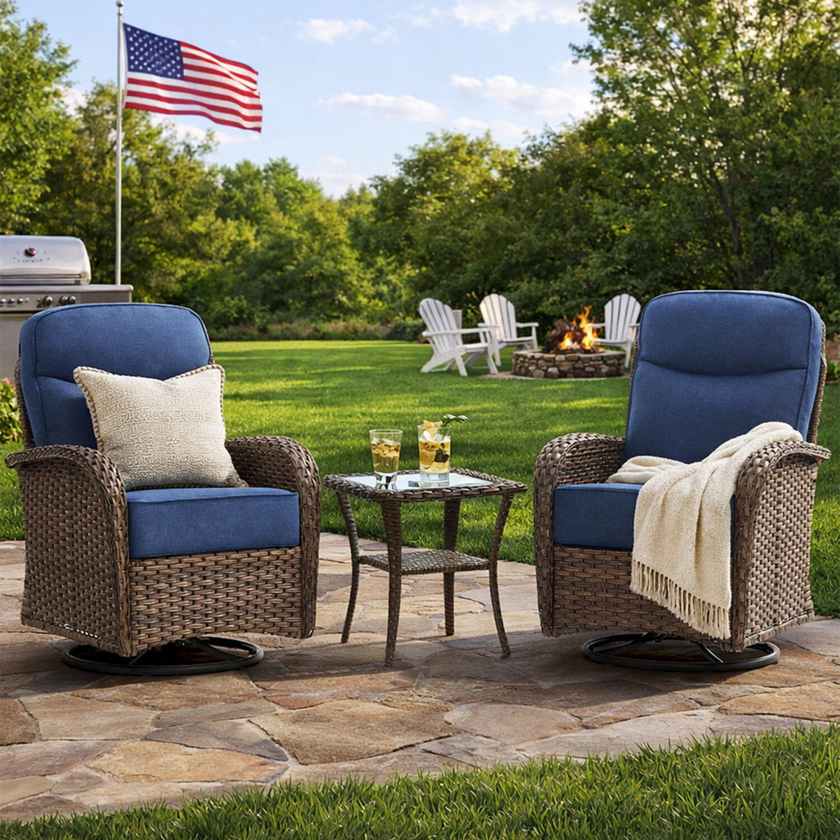 Bellefurn Patio Swivel Rocker Chairs Set of 2 with Ottomans,Outdoor Swivel Chairs with 6" Thick Cushions, All-Weather Conversation Set for Porch, Backyard, Deck & Garden
