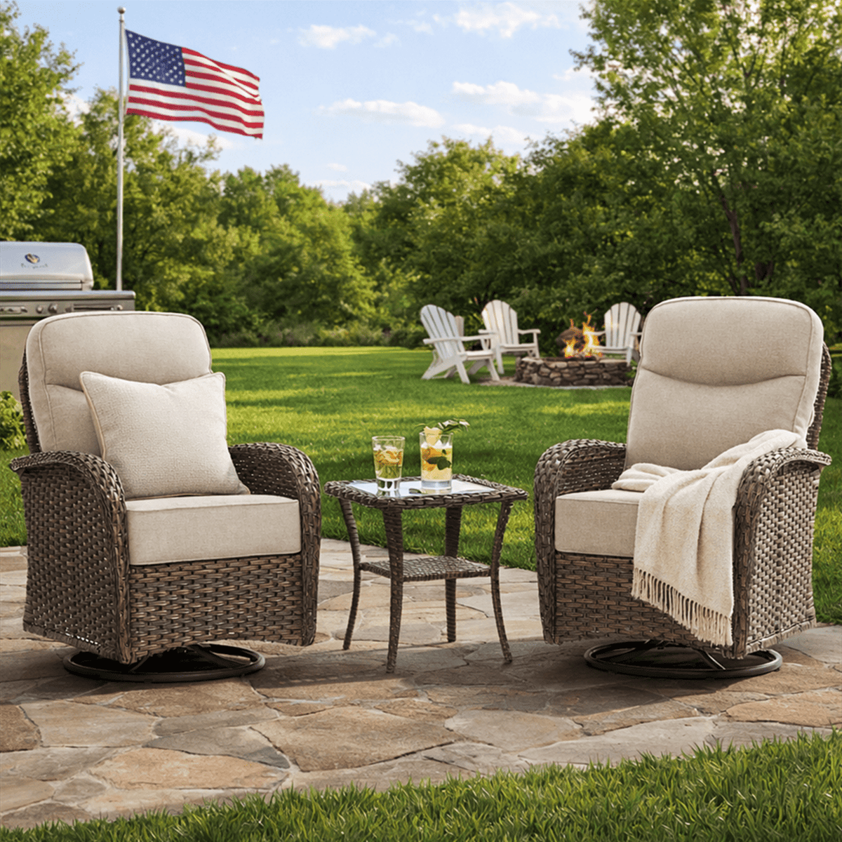 Bellefurn Patio Swivel Rocker Chairs Set of 2 with Ottomans,Outdoor Swivel Chairs with 6" Thick Cushions, All-Weather Conversation Set for Porch, Backyard, Deck & Garden