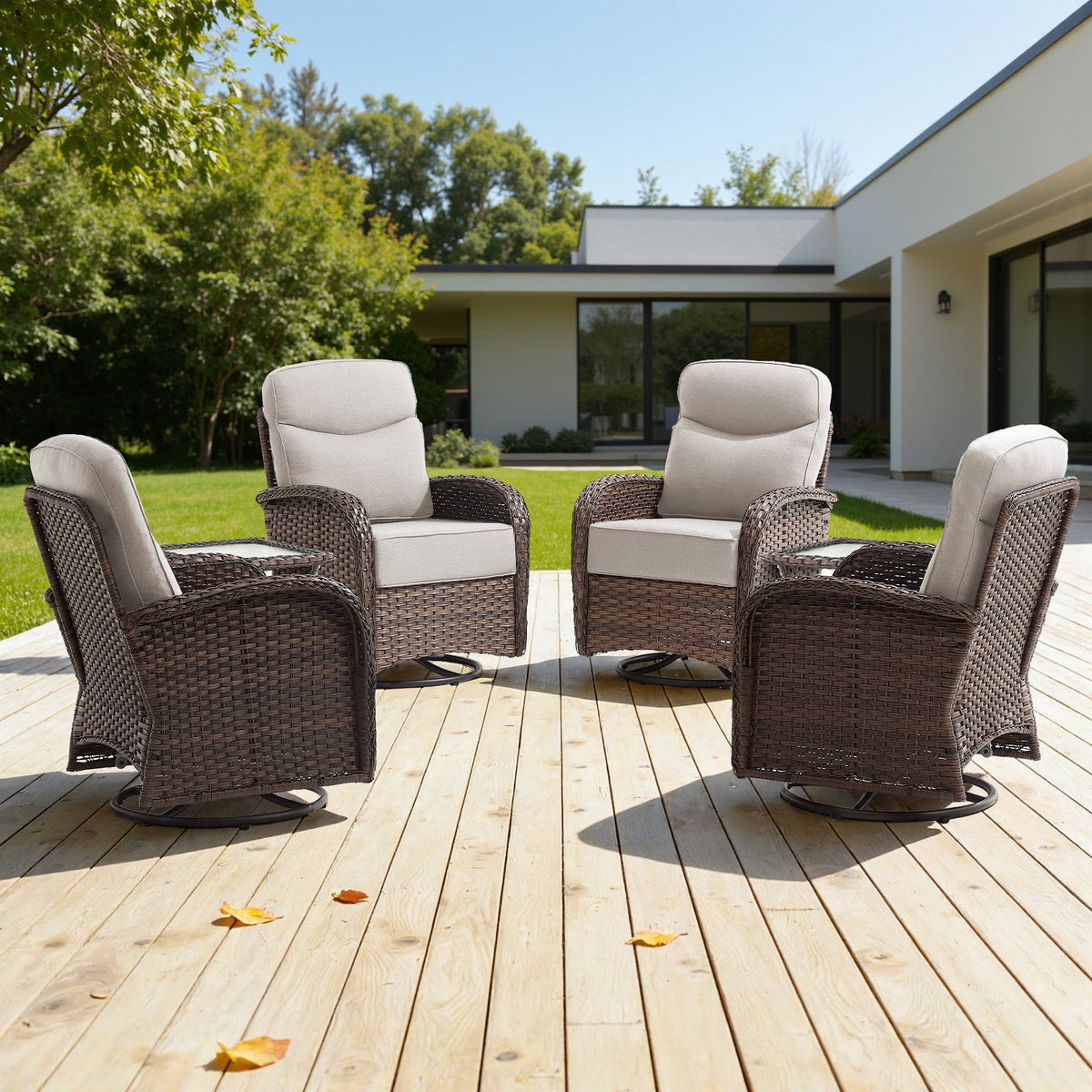 Bellefurn Outdoor Swivel Rocker Patio Chairs with 6" Thick Cushions,Wicker Swivel Chairs Set of 2 with Side Table,All-Weather Conversation Chairs for Porch,Balcony,Backyard,Deck & Fire Pit Area