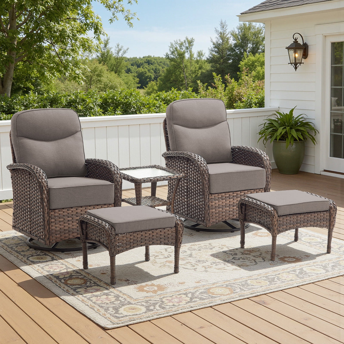 Bellefurn Patio Swivel Rocker Chairs Set of 2 with Ottomans,Outdoor Swivel Chairs with 6" Thick Cushions, All-Weather Conversation Set for Porch, Backyard, Deck & Garden