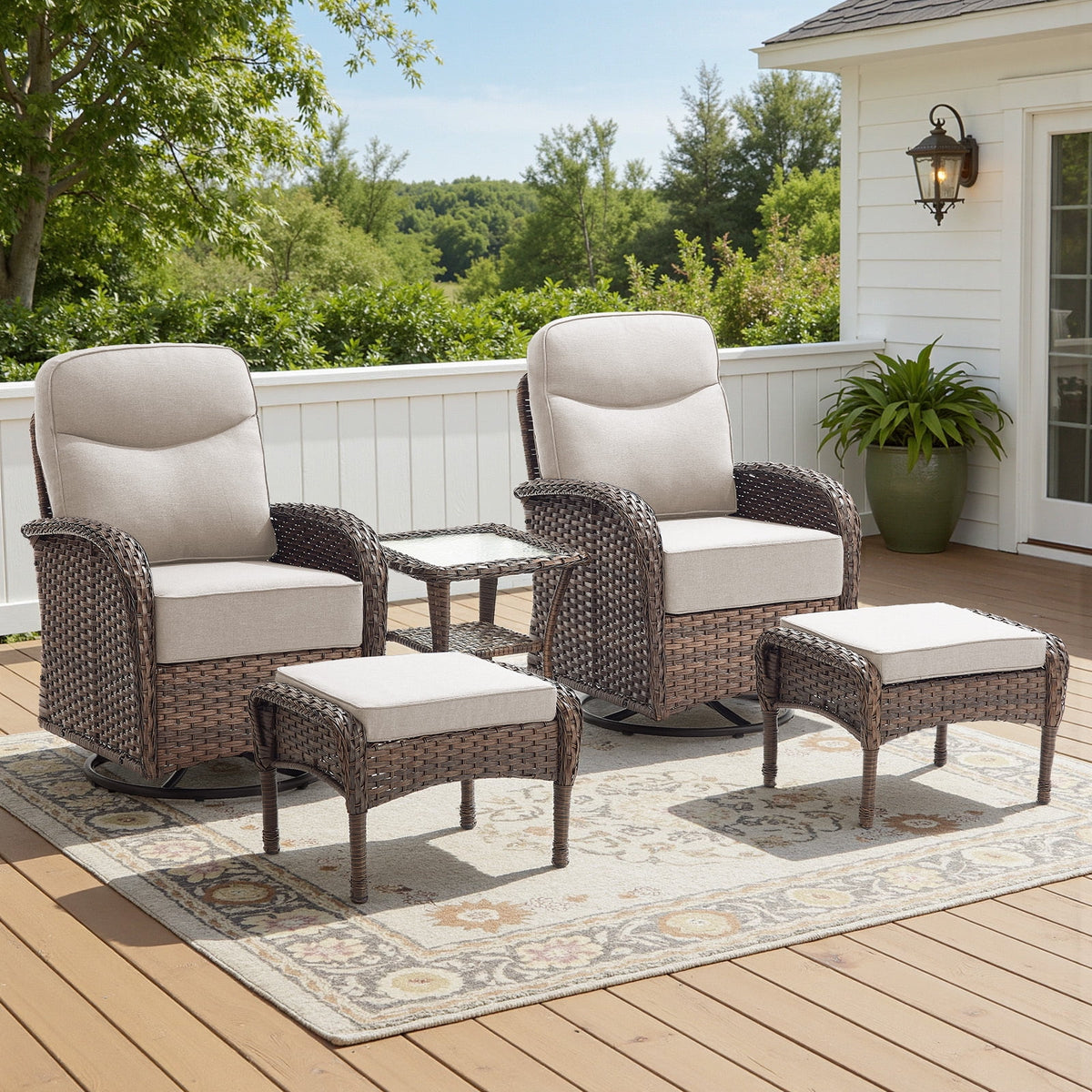 Bellefurn Patio Swivel Rocker Chairs Set of 2 with Ottomans,Outdoor Swivel Chairs with 6" Thick Cushions, All-Weather Conversation Set for Porch, Backyard, Deck & Garden