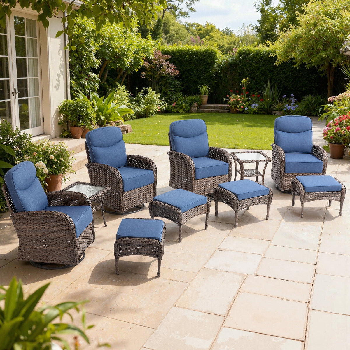 Bellefurn Patio Swivel Rocker Chairs Set of 2 with Ottomans,Outdoor Swivel Chairs with 6" Thick Cushions, All-Weather Conversation Set for Porch, Backyard, Deck & Garden
