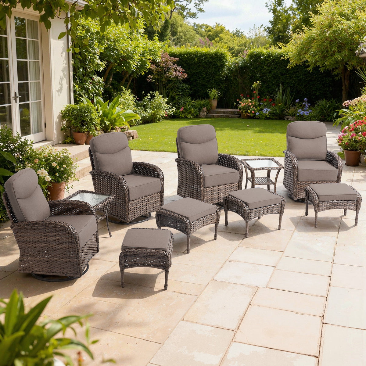 Bellefurn Outdoor Swivel Rocker Patio Chairs with 6" Thick Cushions,Wicker Swivel Chairs Set of 2 with Side Table,All-Weather Conversation Chairs for Porch,Balcony,Backyard,Deck & Fire Pit Area