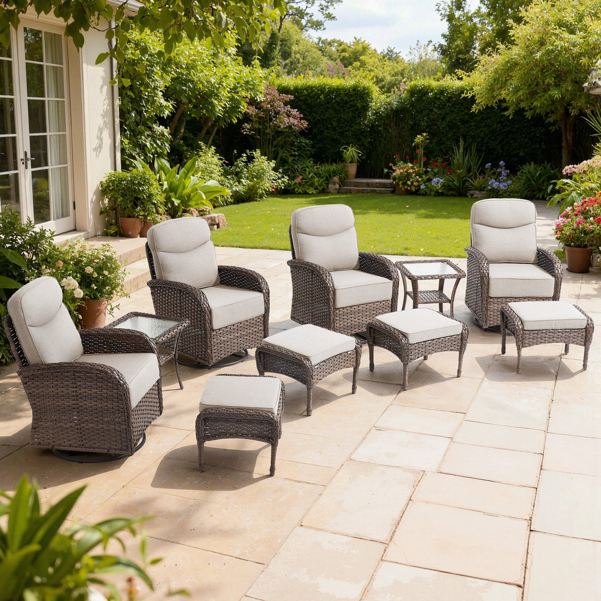Bellefurn Patio Swivel Rocker Chairs Set of 2 with Ottomans,Outdoor Swivel Chairs with 6" Thick Cushions, All-Weather Conversation Set for Porch, Backyard, Deck & Garden