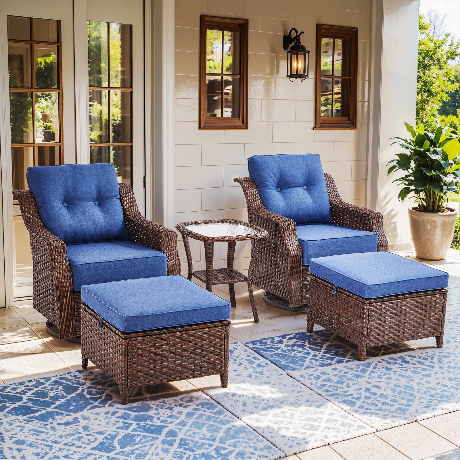 Luxury High Back Outdoor Furniture Set with 6 inch Thick Cushion,Patio Furniture Set with Swivel Rocker Chair,Sofa and Coffee Table,5 PCS Wicker Conversation Set for Yard,Deck,Poolside