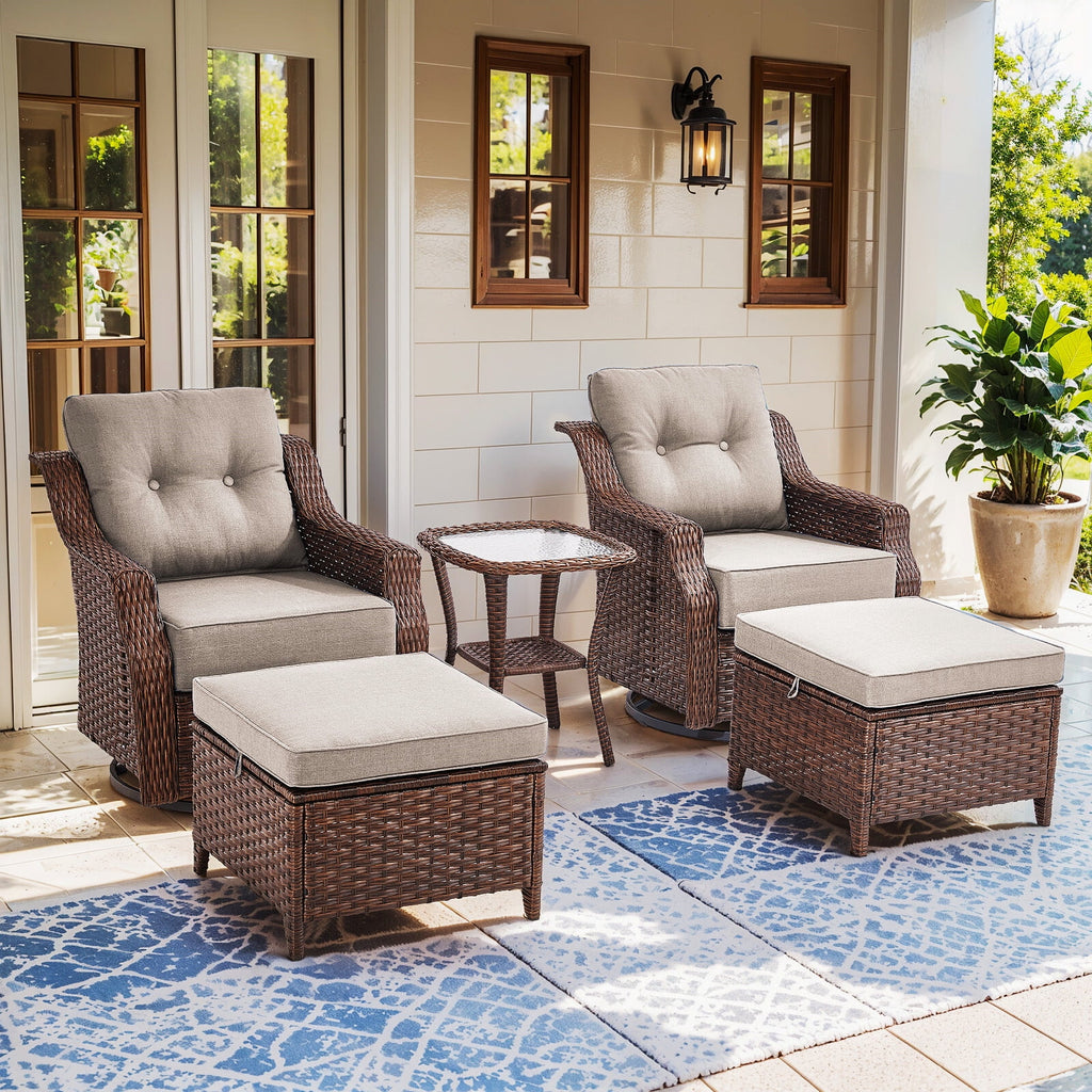 Luxury High Back Outdoor Furniture Set with 6 inch Thick Cushion,Patio Furniture Set with Swivel Rocker Chair,Sofa and Coffee Table,5 PCS Wicker Conversation Set for Yard,Deck,Poolside