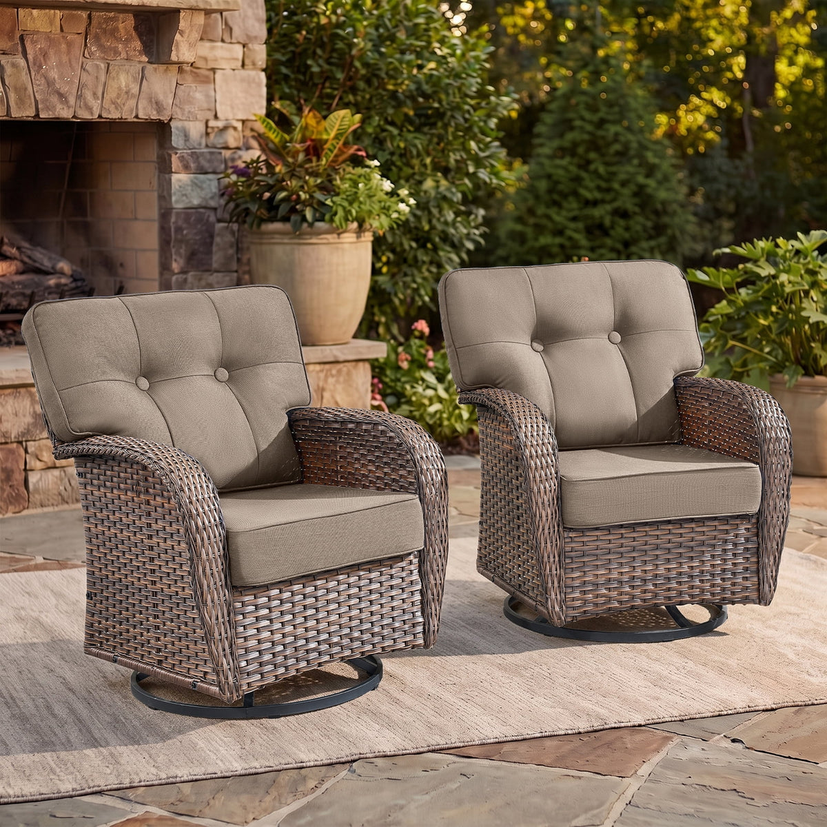 Bellefurn Outdoor Swivel Rocker Patio Chairs with 5" Thick Cushions,High Back Wicker Outdoor Swivel Chairs with Table,Patio Swivel Glider Chairs for Porch,Balcony,Garden,Deck & Backyard