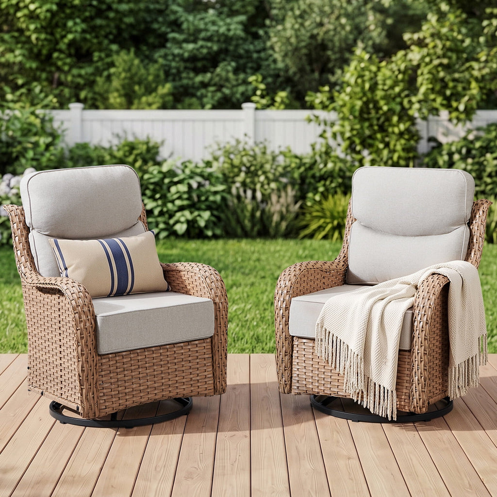 Bellefurn Outdoor Swivel Rocker Patio Chairs with 6" Thick Cushions,Patio Swivel Chairs Set of 2 Wicker Patio Chairs Patio Furniture Set for Porch Balcony Garden Deck Yard