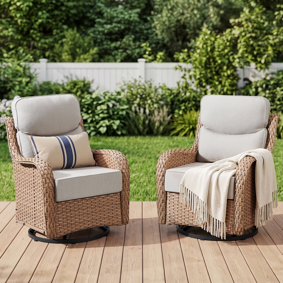 Bellefurn Outdoor Swivel Rocker Patio Chairs with 6" Thick Cushions,Patio Swivel Chairs Set of 2 Wicker Patio Chairs Patio Furniture Set for Porch Balcony Garden Deck Yard