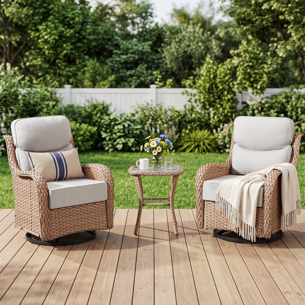 Bellefurn Outdoor Swivel Rocker Patio Chairs with 6" Thick Cushions,Patio Swivel Chairs Set of 2 Wicker Patio Chairs Patio Furniture Set for Porch Balcony Garden Deck Yard