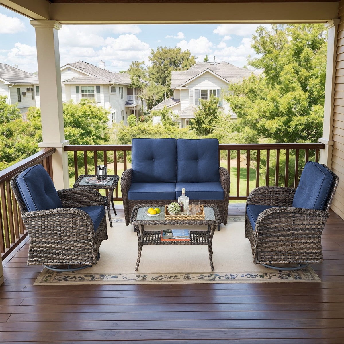Bellefurn 5 Pieces Outdoor Patio Furniture Sets with Swivel Rocker Chairs Rattan Glider Loveseat and Coffee Table,Wicker Outdoor Conversation Sets for Porch Deck Backyard Poolside
