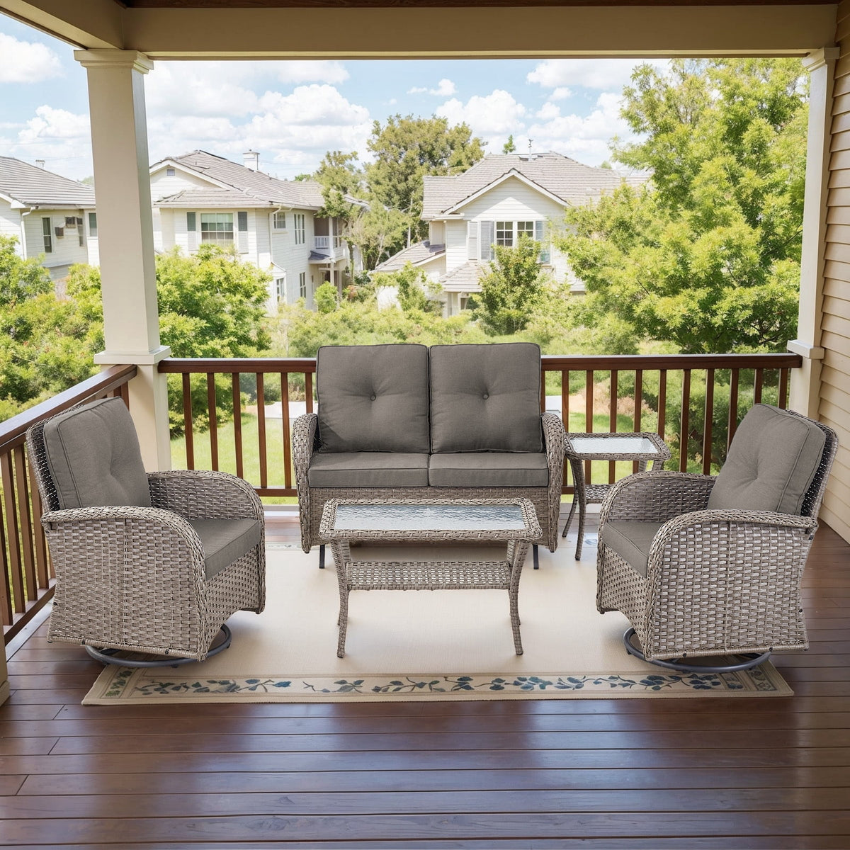 Bellefurn 5 Pieces Outdoor Patio Furniture Sets with Swivel Rocker Chairs Rattan Glider Loveseat and Coffee Table,Wicker Outdoor Conversation Sets for Porch Deck Backyard Poolside