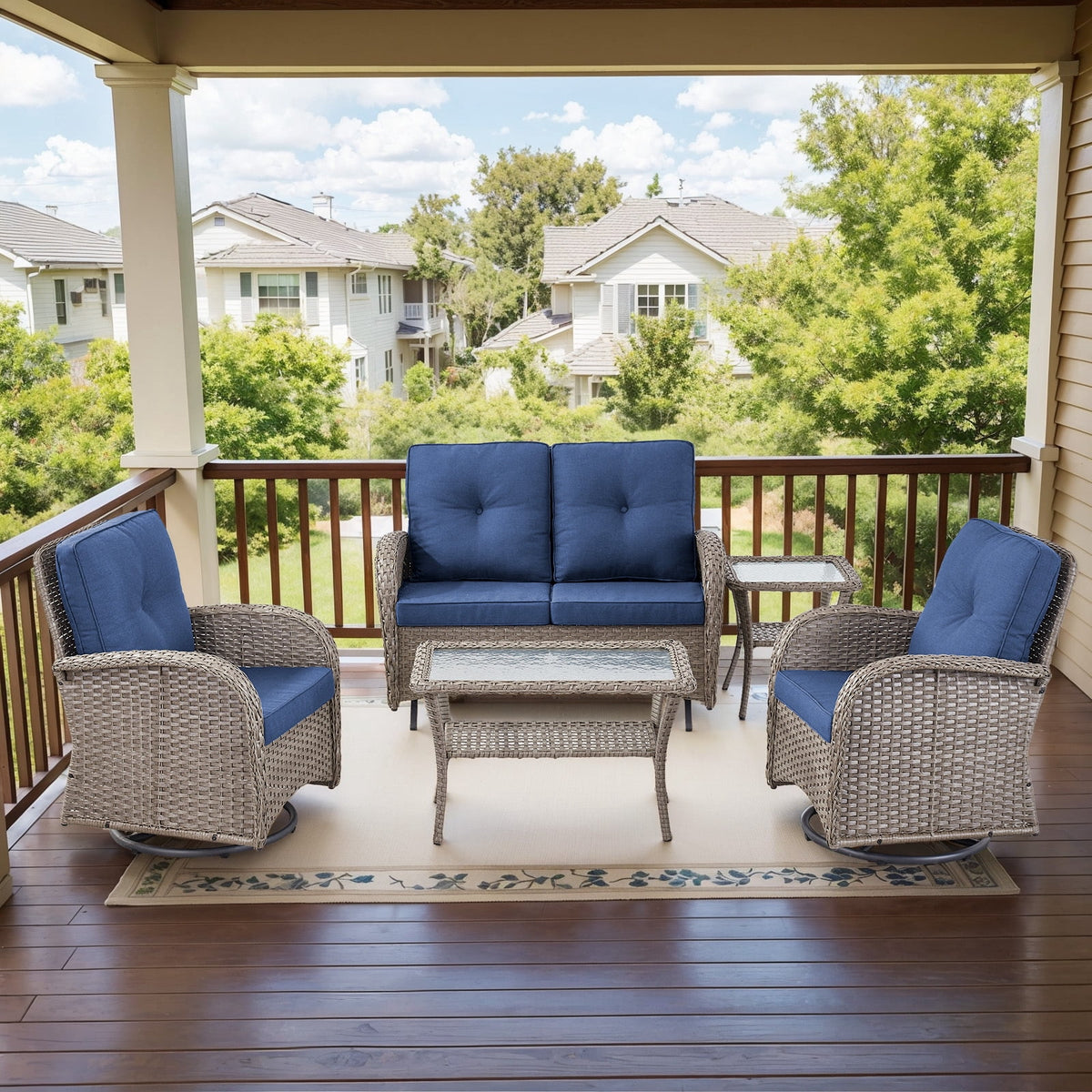 Bellefurn 5 Pieces Outdoor Patio Furniture Sets with Swivel Rocker Chairs Rattan Glider Loveseat and Coffee Table,Wicker Outdoor Conversation Sets for Porch Deck Backyard Poolside