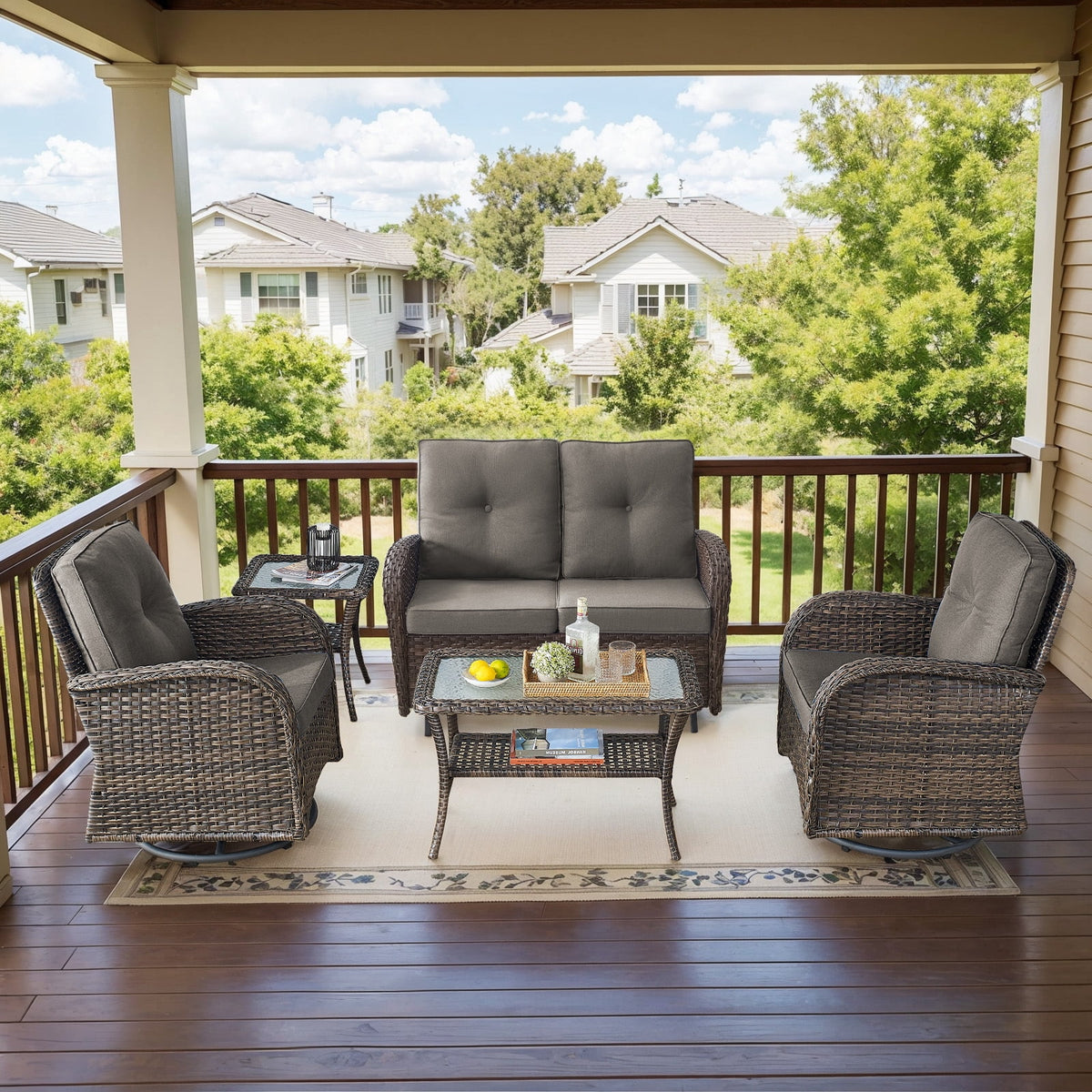 Bellefurn 5 Pieces Outdoor Patio Furniture Sets with Swivel Rocker Chairs Rattan Glider Loveseat and Coffee Table,Wicker Outdoor Conversation Sets for Porch Deck Backyard Poolside