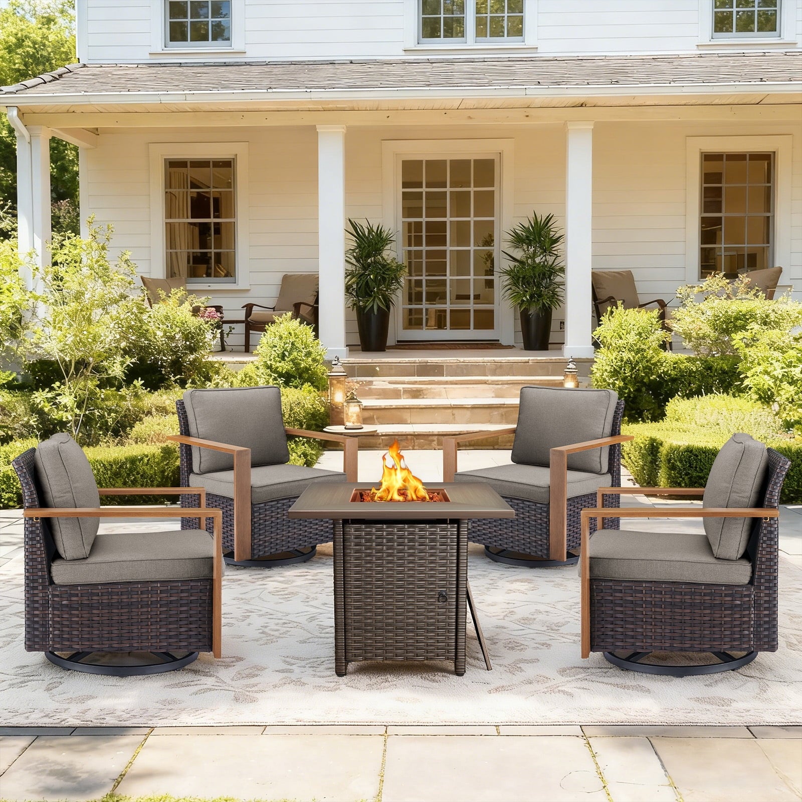 Bellefurn Luxury Patio Furniture Sets with 41” Propane Fire Pit Table,Rattan Outdoor Deep Seating Conversation Set with Swivel Glider Patio Chair,Rattan Sofa&Ottomans for Porch Backyard