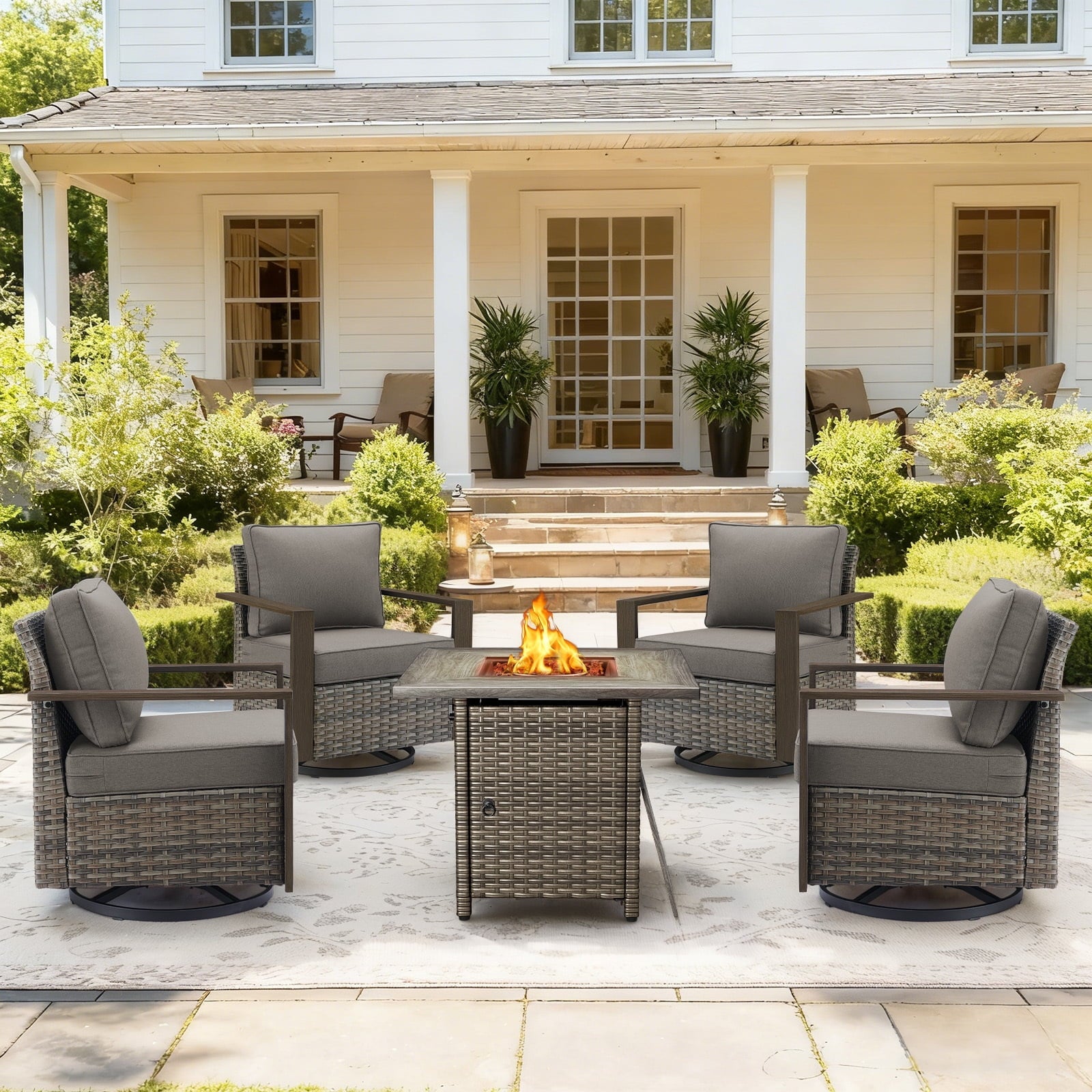 Bellefurn Luxury Patio Furniture Sets with 41” Propane Fire Pit Table,Rattan Outdoor Deep Seating Conversation Set with Swivel Glider Patio Chair,Rattan Sofa&Ottomans for Porch Backyard