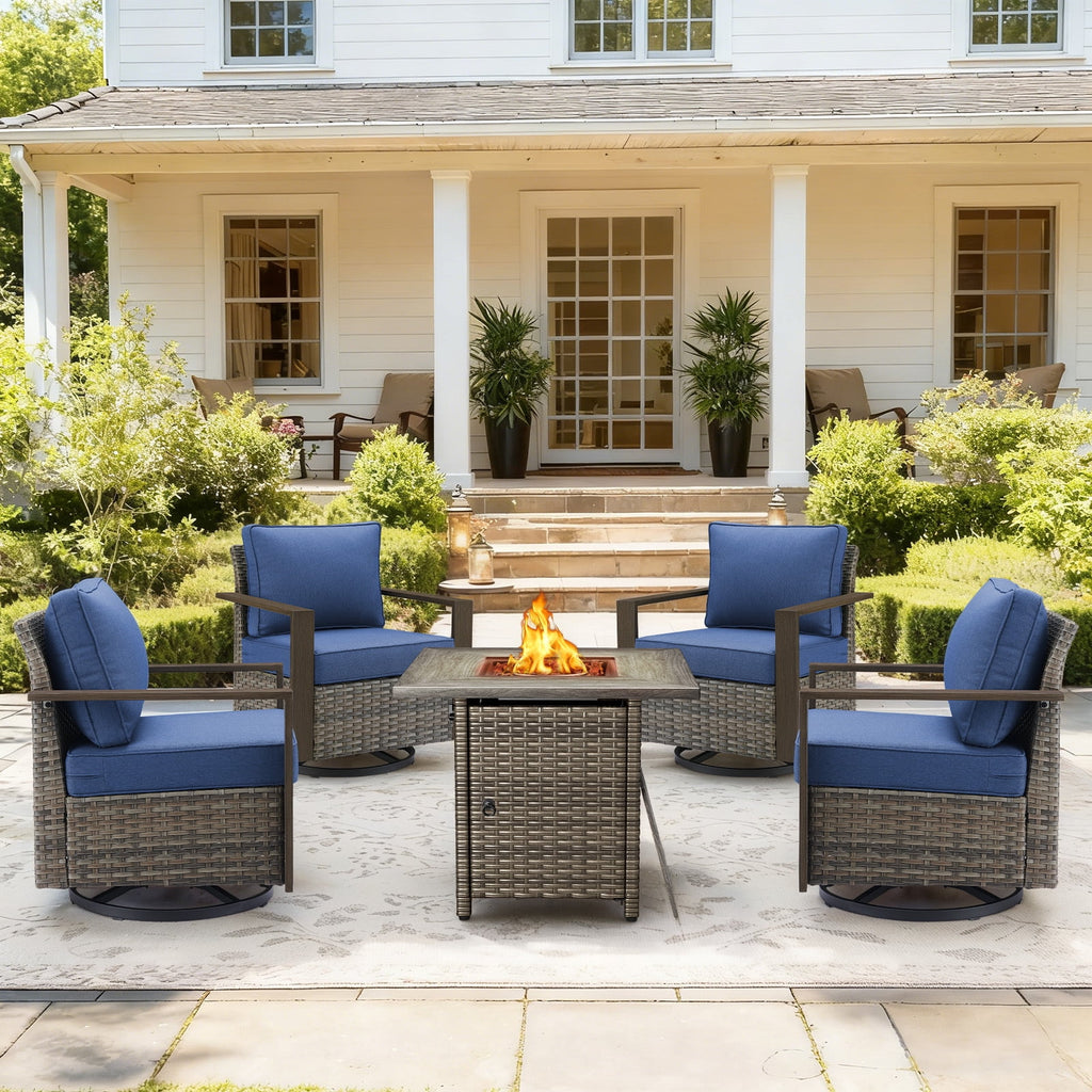 Bellefurn Luxury Patio Furniture Sets with 41” Propane Fire Pit Table,Rattan Outdoor Deep Seating Conversation Set with Swivel Glider Patio Chair,Rattan Sofa&Ottomans for Porch Backyard