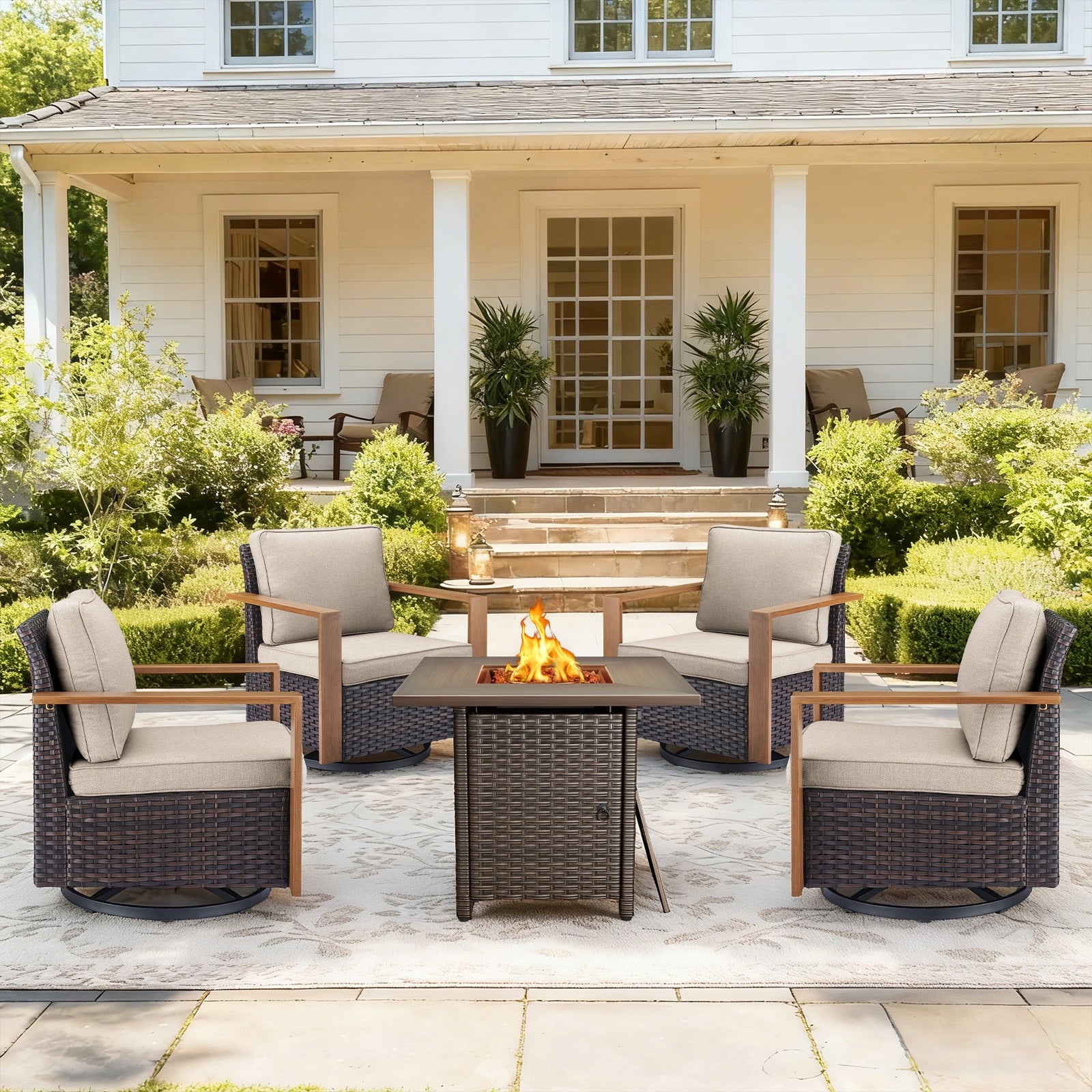 Bellefurn Luxury Patio Furniture Sets with 41” Propane Fire Pit Table,Rattan Outdoor Deep Seating Conversation Set with Swivel Glider Patio Chair,Rattan Sofa&Ottomans for Porch Backyard