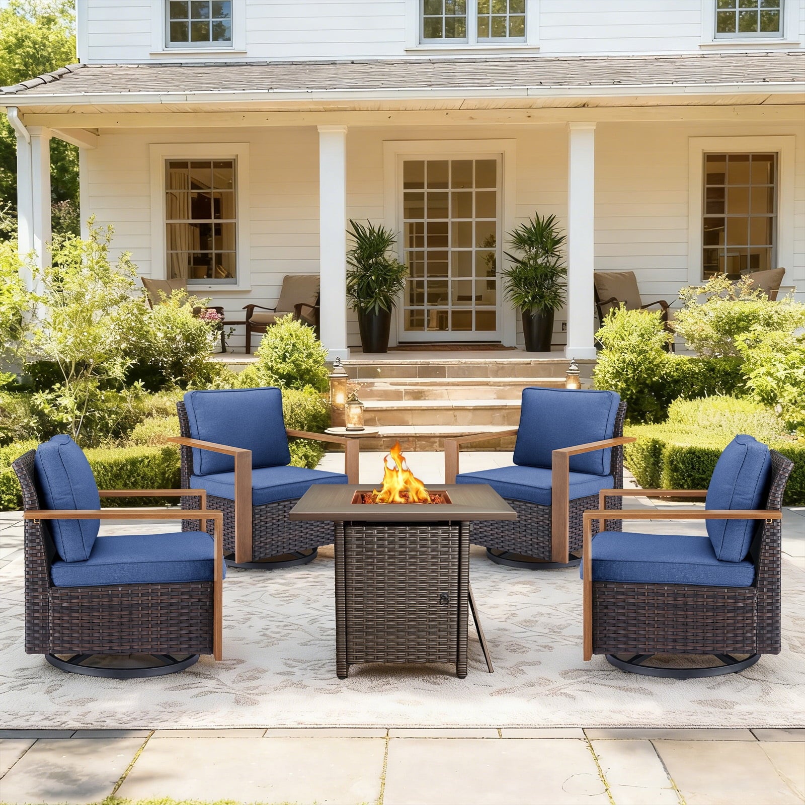 Bellefurn Luxury Patio Furniture Sets with 41” Propane Fire Pit Table,Rattan Outdoor Deep Seating Conversation Set with Swivel Glider Patio Chair,Rattan Sofa&Ottomans for Porch Backyard