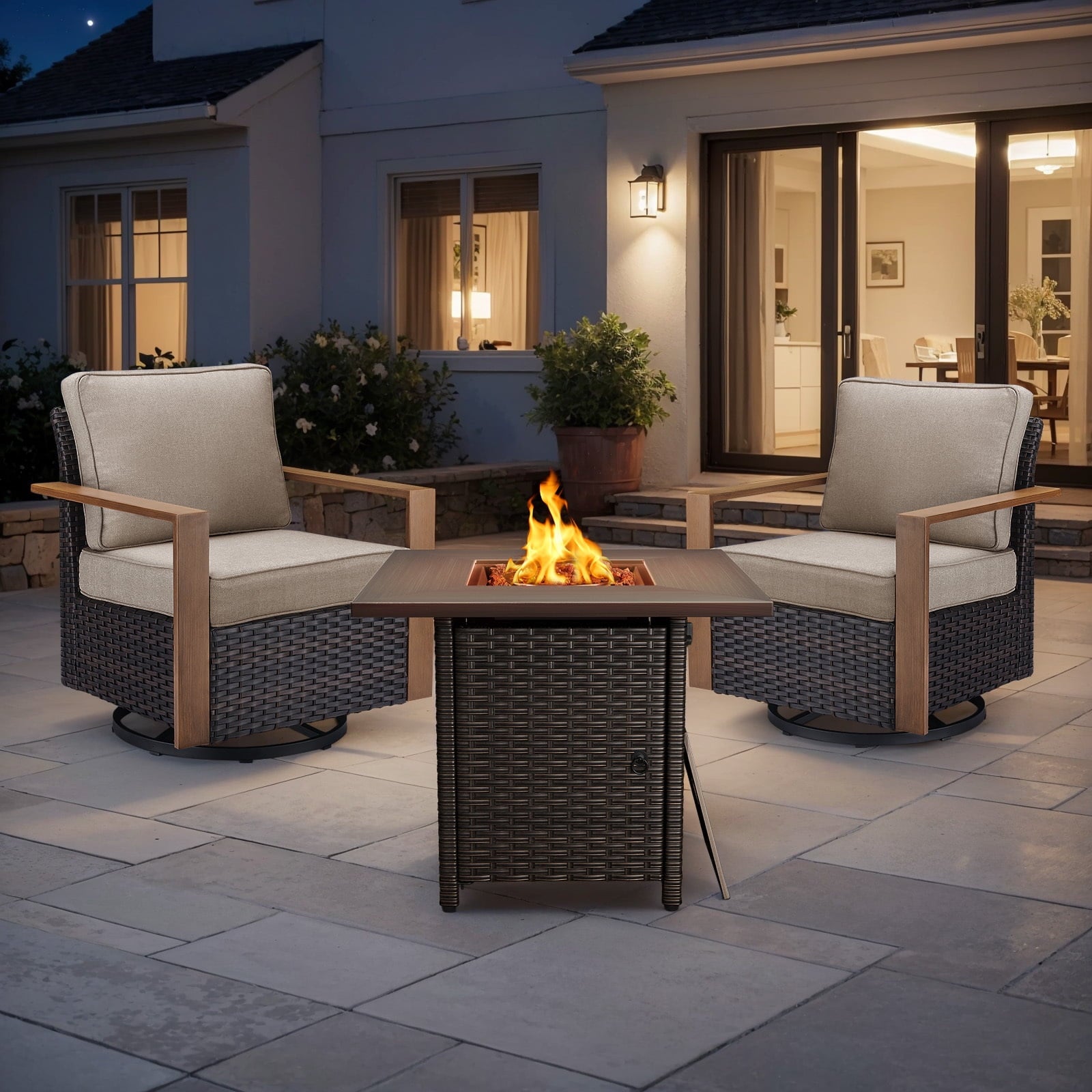 Bellefurn Luxury Patio Furniture Sets with 41” Propane Fire Pit Table,Rattan Outdoor Deep Seating Conversation Set with Swivel Glider Patio Chair,Rattan Sofa&Ottomans for Porch Backyard