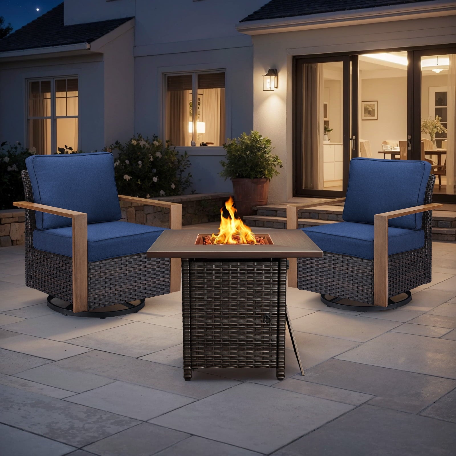 Bellefurn Luxury Patio Furniture Sets with 41” Propane Fire Pit Table,Rattan Outdoor Deep Seating Conversation Set with Swivel Glider Patio Chair,Rattan Sofa&Ottomans for Porch Backyard