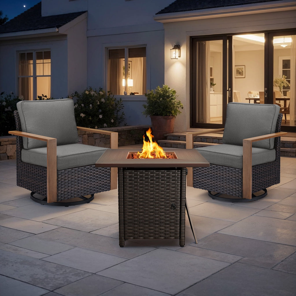 Bellefurn Luxury Patio Furniture Sets with 41” Propane Fire Pit Table,Rattan Outdoor Deep Seating Conversation Set with Swivel Glider Patio Chair,Rattan Sofa&Ottomans for Porch Backyard