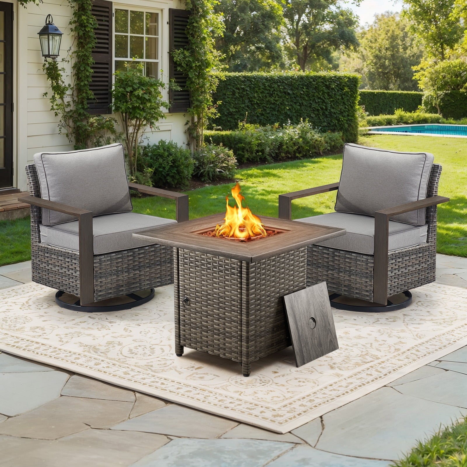 Bellefurn Luxury Patio Furniture Sets with 41” Propane Fire Pit Table,Rattan Outdoor Deep Seating Conversation Set with Swivel Glider Patio Chair,Rattan Sofa&Ottomans for Porch Backyard