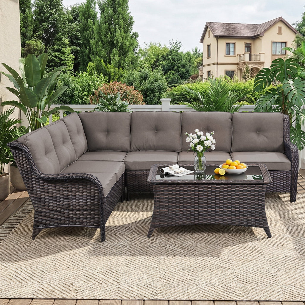 Bellefurn Outdoor Patio Furniture Set,Wicker Sectional Sofa Set with Coffee Table, L-Shaped All Weather Rattan Conversation Set for Backyard,Porch,Deck and Garden