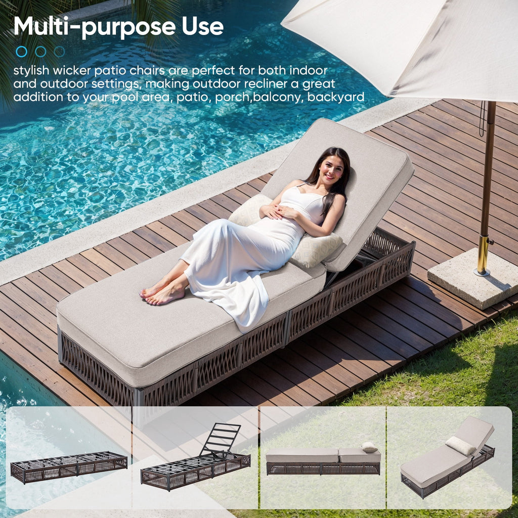 Bellefurn Outdoor Wicker Chaise Lounge with 5" Thick Cushion,High-Back Patio Lounge Chair with 5-Position Adjustable Backrest,All-Weather Rattan Recliner for Poolside,Backyard,Garden & Deck