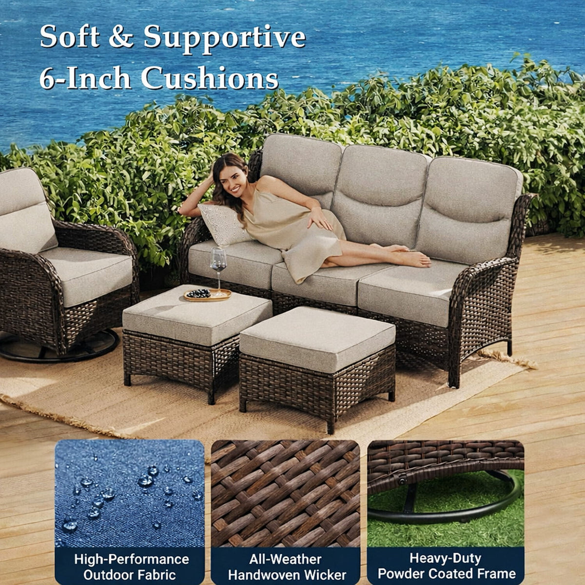 Bellefurn Luxury 6 Pieces Outdoor Patio Furniture Set with Swivel Rocker Chairs 6-inch Extra Thick Cushions,Sofa Coffee Table,Wicker Conversation Sets for Porch Deck Backyard Poolside