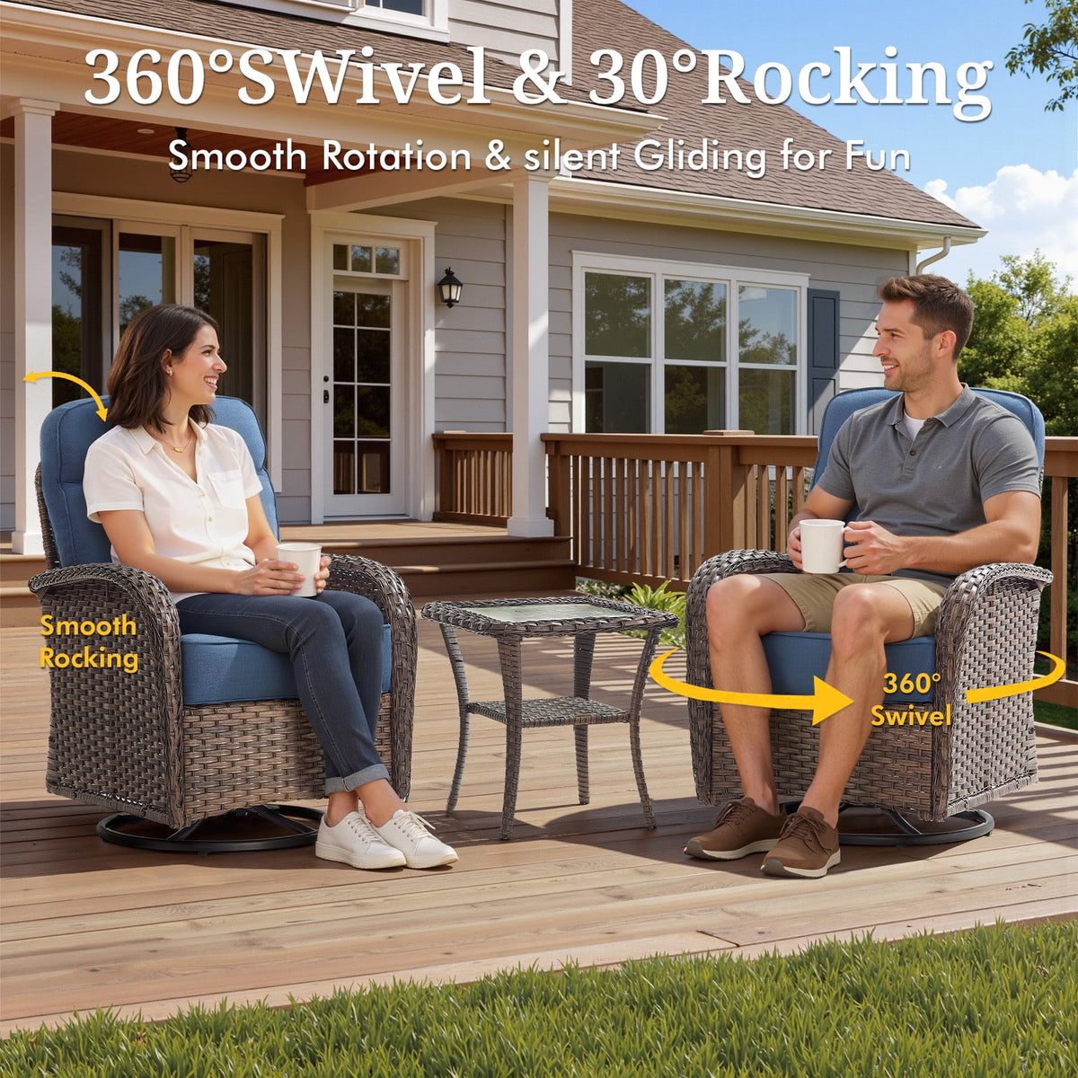 Bellefurn Outdoor Swivel Rocker Patio Chairs with 6" Thick Cushions,Wicker Swivel Chairs Set of 2 with Side Table,All-Weather Conversation Chairs for Porch,Balcony,Backyard,Deck & Fire Pit Area